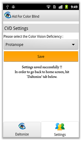 Settings Saved Screen